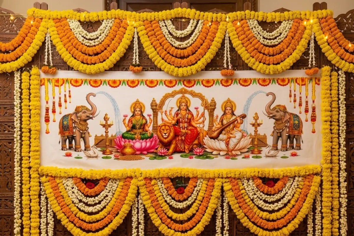 Traditional digital print backdrop cloth with temple arch and floral design for pooja decoration