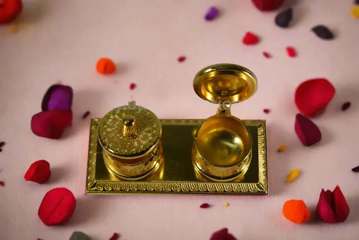 Double Kumkum Box Gold - Puja Celebrations