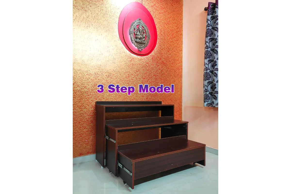 Drawer-style wooden Golu stand with pull-out step drawers for Navratri doll display 