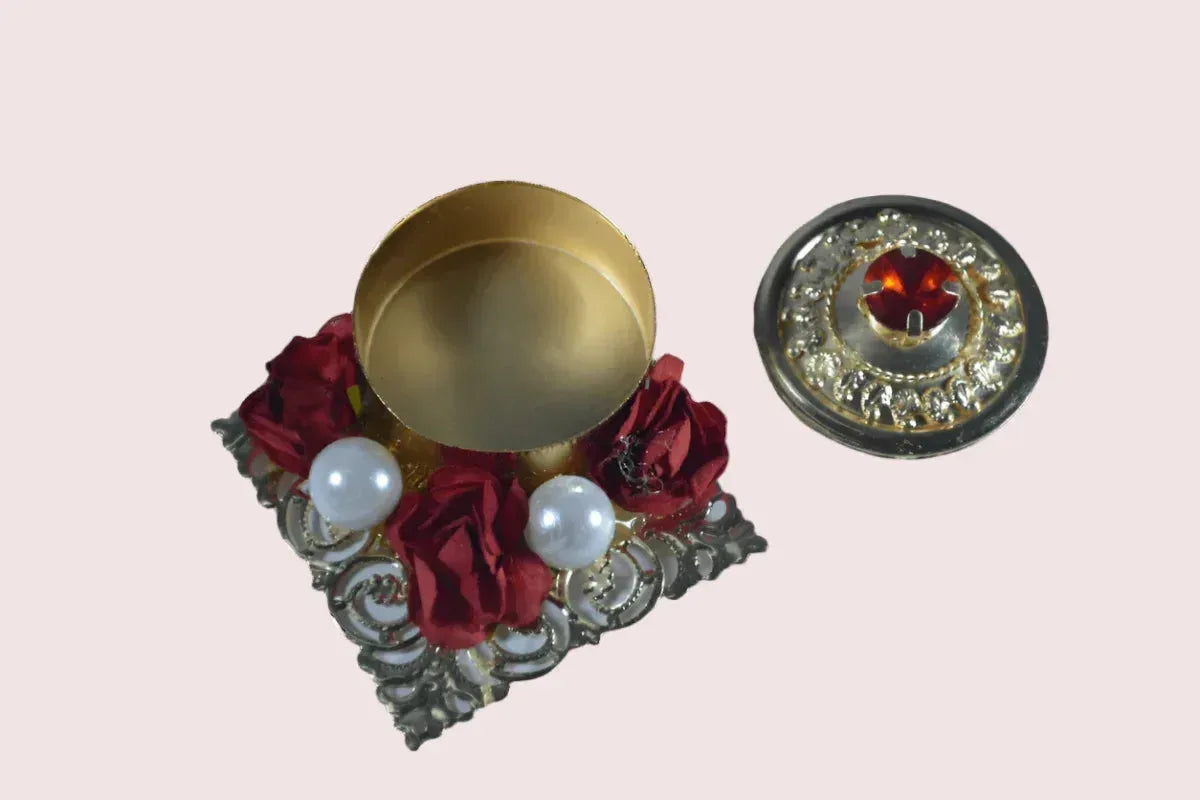 Metal Pearl Studded Kumkum Box - Puja Celebrations