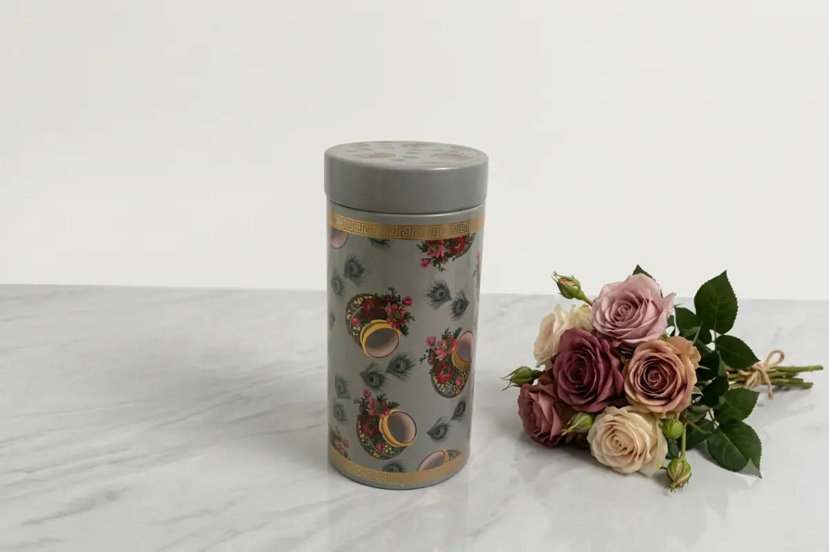 Elegant printed tin box return gift container - Puja Celebrations