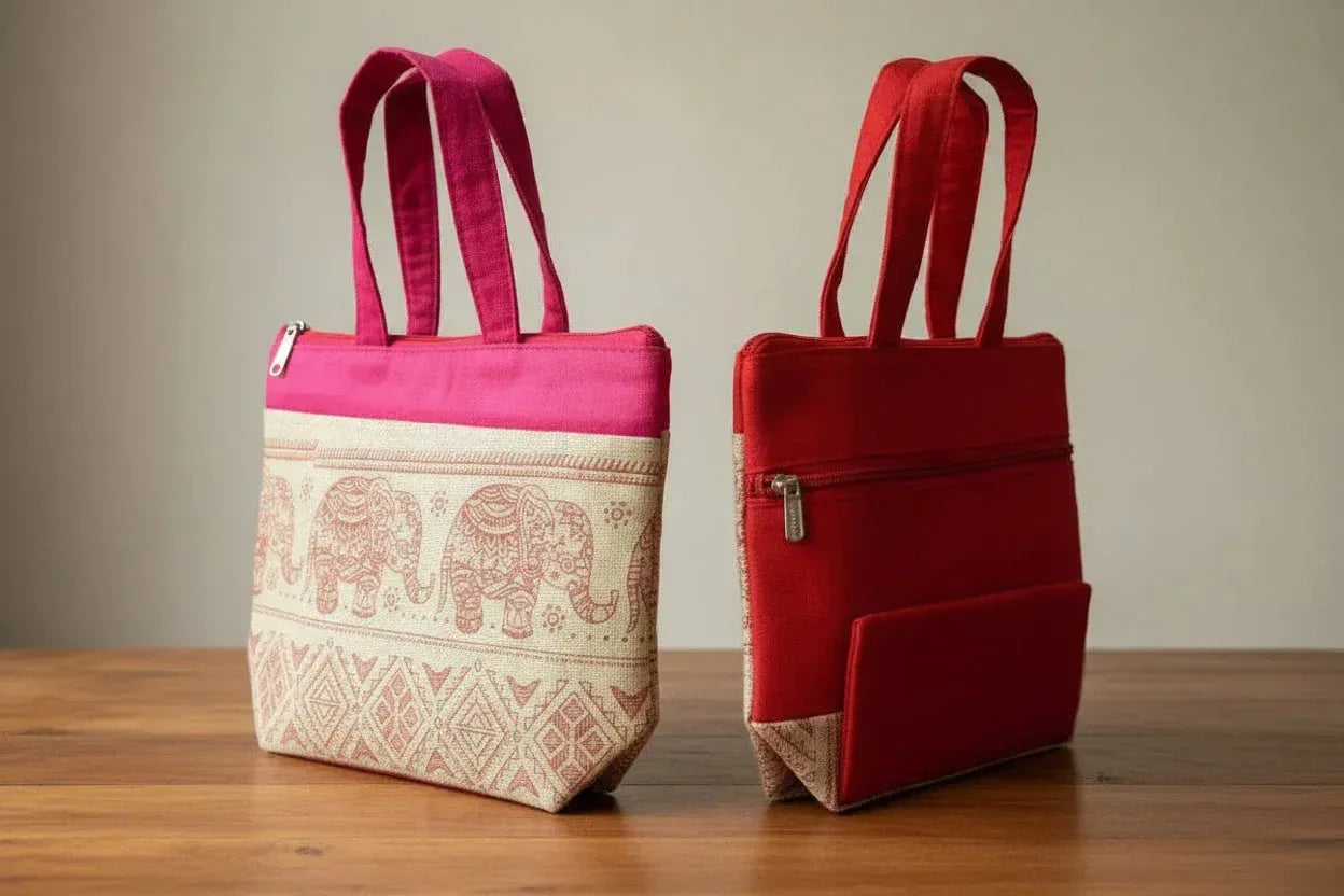 Elephant Print Jute Mix Bag - Puja Celebrations