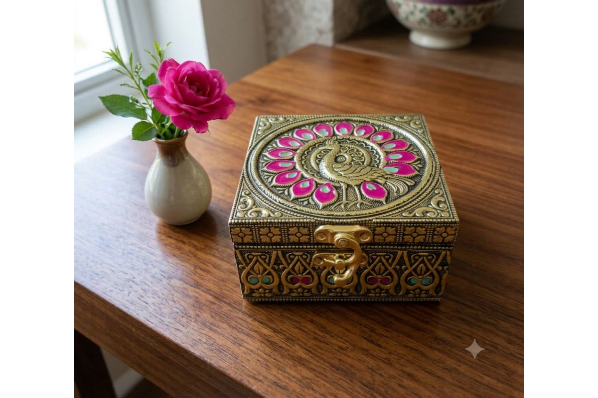 Royal metallic embossed jewel box with intricate floral carvings for wedding return gifts