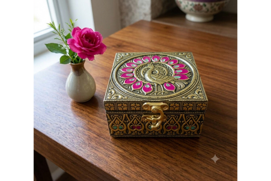 Royal metallic embossed jewel box with intricate floral carvings for wedding return gifts