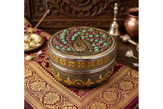 Traditional Pecock embossed stainless steel box with lid for wedding and pooja return gifts - Puja Celebrations
