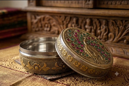 Close-up view of intricate floral embossed pattern and shiny silver finish on stainless steel box