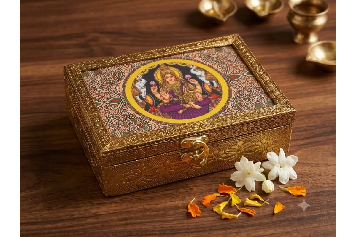 Close-up view of gold embossed Tanjore art print and antique brass latch on wooden box - Puja Celebrations