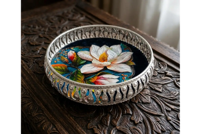 Close-up of intricate floral embossing and gold polish work on a German Silver tray - Puja Celebrations