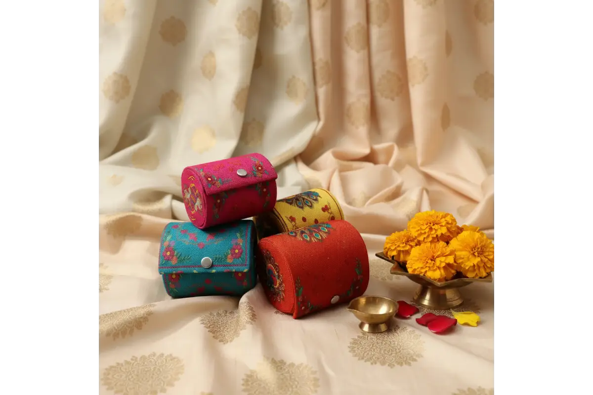Close-up view of intricate floral ethnic fabric print and Press on button  closure on bangle box