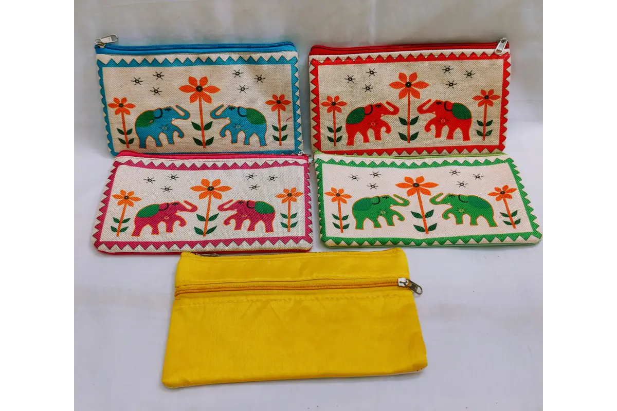 Close-up view of vibrant ethnic print and durable fabric texture on traditional return gift purse