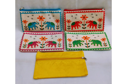 Close-up view of vibrant ethnic print and durable fabric texture on traditional return gift purse