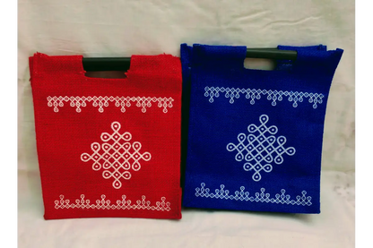 Jute Kolam Kattapai packed with coconut, blouse piece, and Haldi Kumkum for wedding guests