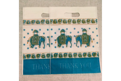 Assorted multi-colored Thank You printed Thamboolam favor bags available at Puja Celebrations