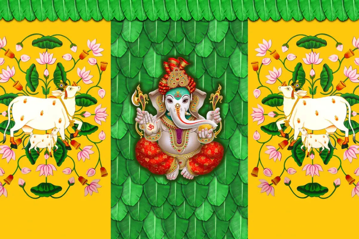 High-quality fabric texture of readymade festive background curtain for Varalakshmi puja