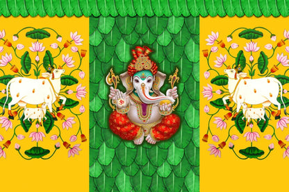 High-quality fabric texture of readymade festive background curtain for Varalakshmi puja