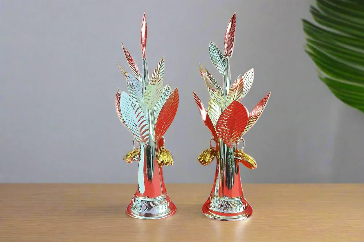 Premium handcrafted German Silver banana tree pair with leaves  for pooja decor
