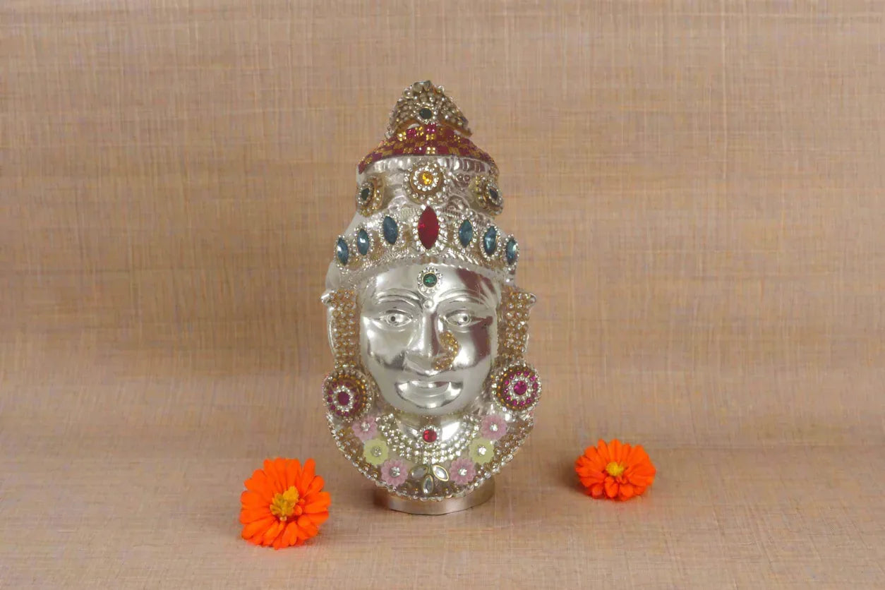 German silver Varalakshmi Amman face attached to a traditional puja kalash setup