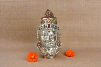 German silver Varalakshmi Amman face attached to a traditional puja kalash setup