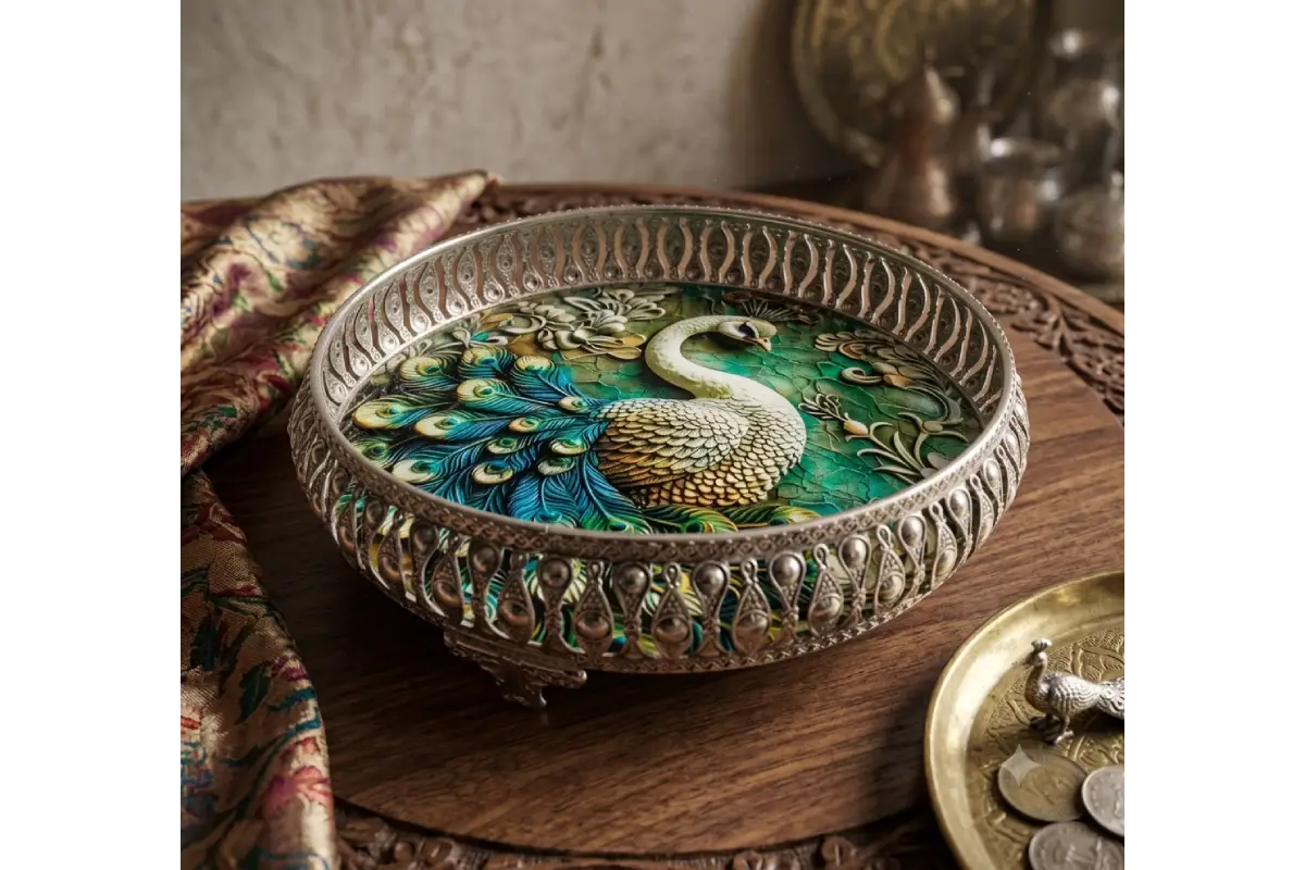 Bulk stock of decorated German Silver trays packed for wedding and festival return gifts