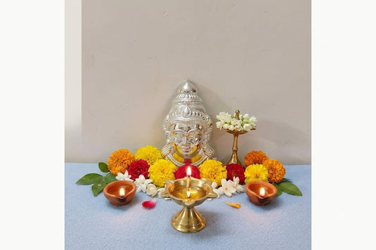 German Silver Goddess Gowri Face (Ammavaru Mukham) for Varalakshmi Puja and festival decoration - Puja Celebrations
