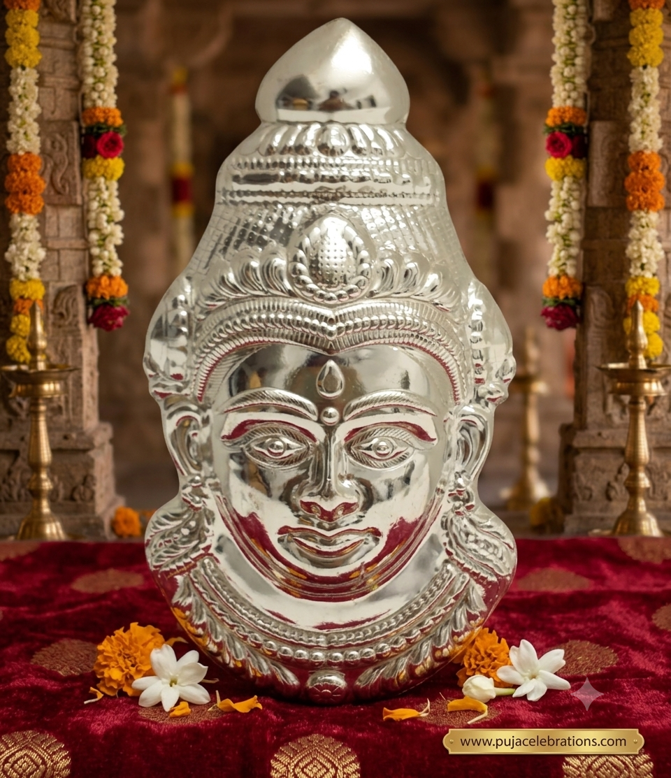 German Silver Goddess Gowri Face (Ammavaru Mukham) for Varalakshmi Puja and festival decoration - Puja Celebrations