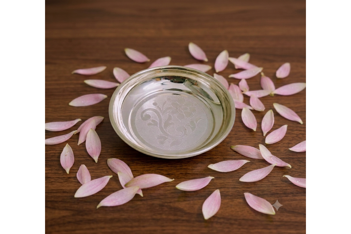 Traditional German silver plate with floral embossing for wedding return gifts