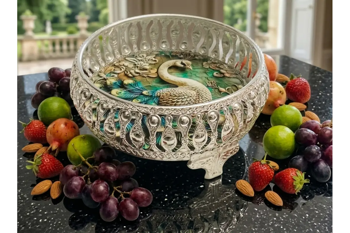 Premium embossed German Silver tray for pooja thali setup and traditional return gifts - Puja Celebrations