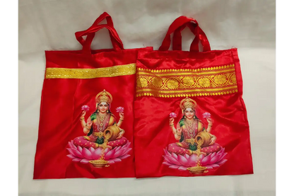 Close-up view of rich glossy satin fabric texture and reinforced edge stitching on return gift bag