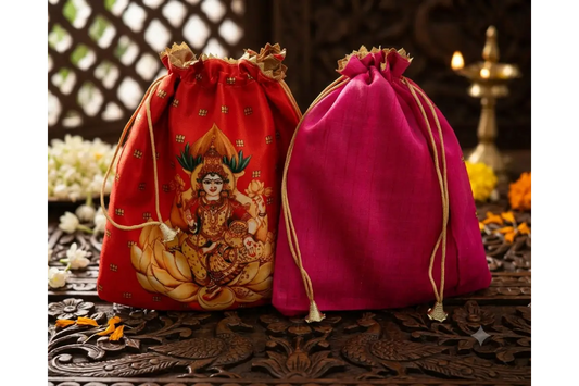 Traditional Goddess Lakshmi printed potli bag with drawstring for wedding and festival return gifts - Puja Celebrations