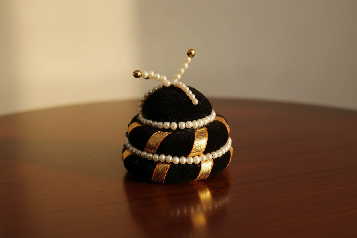 Decorative object resembling a bee with black, gold, and pearl accents on a wooden surface.