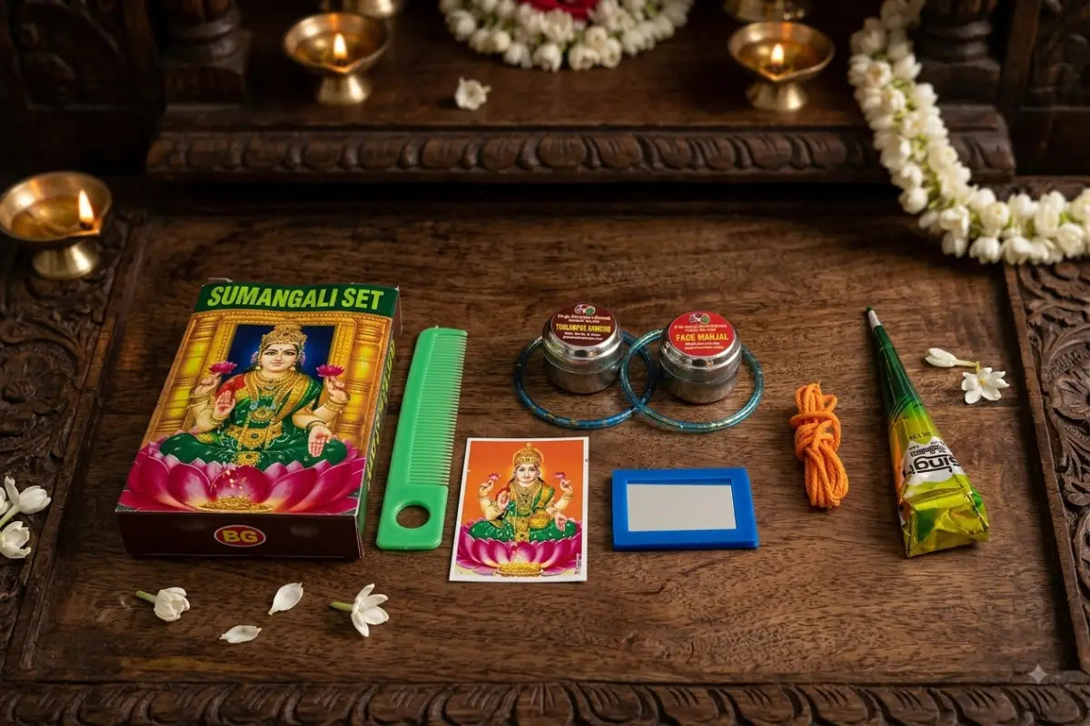 Close-up view of sacred Haldi Kumkum packets and yellow Vrat Charadu in a Sumangali set