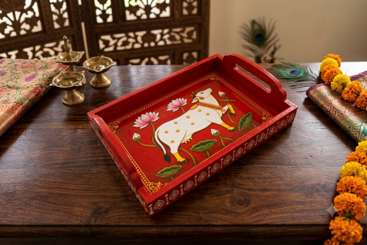 Handcrafted wooden tray with Pichwai art print for wedding and housewarming return gifts