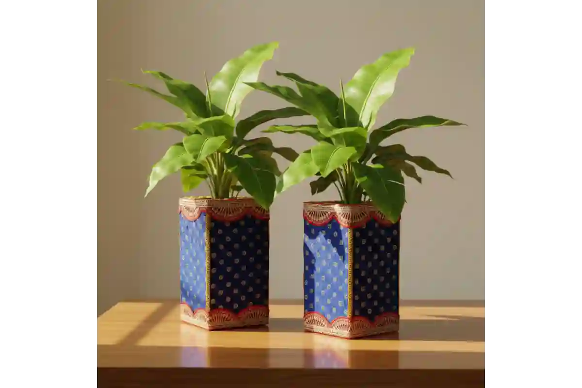 Pair of handmade wooden decorated banana tree stands for pooja with red velvet cloth and lace work
