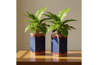 Pair of handmade wooden decorated banana tree stands for pooja with red velvet cloth and lace work
