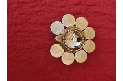 Kubera Diya With Lakshmi Kubera Coins-Traditional Brass Kubera Vilakku with Lakshmi Kubera Coins Set