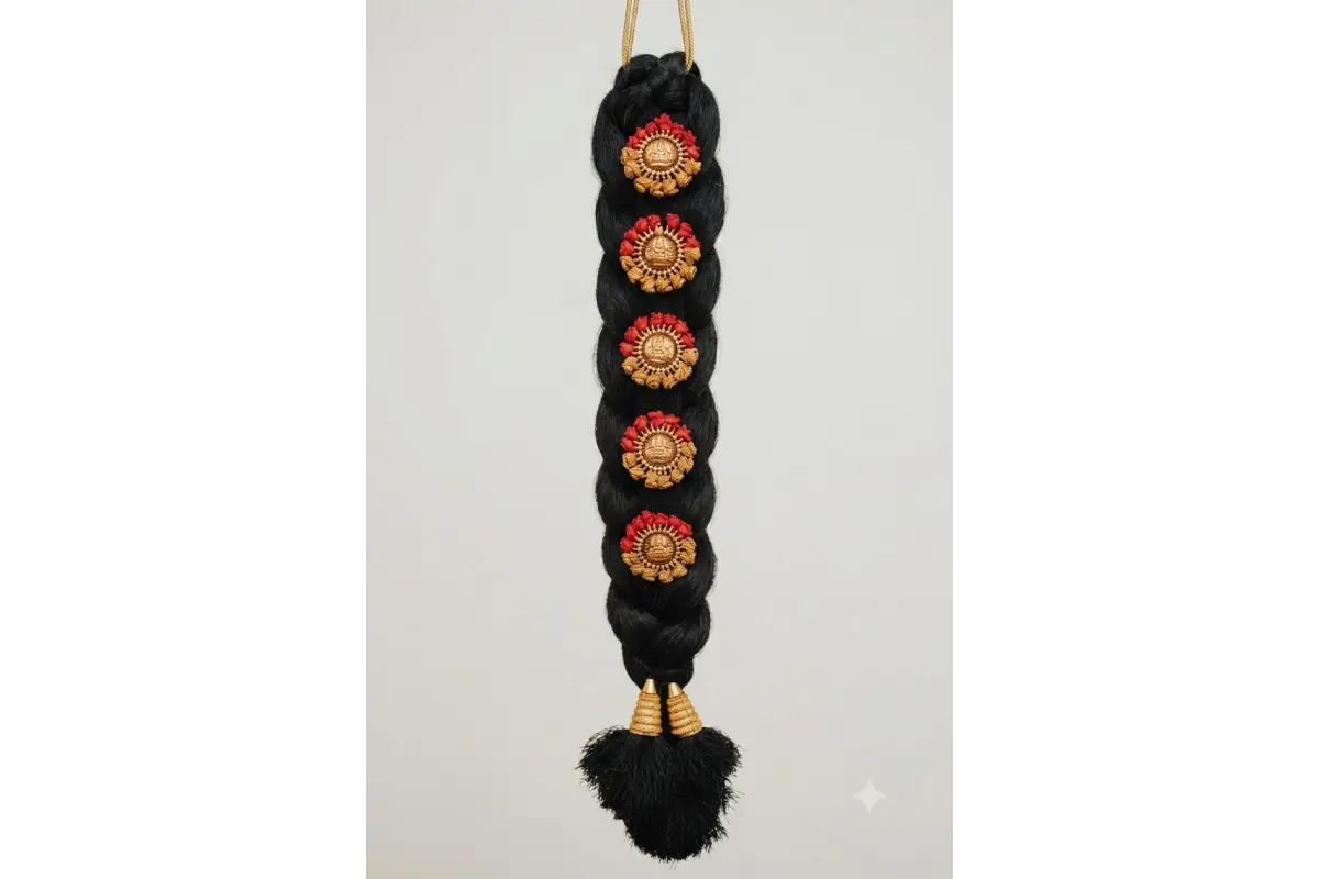 Traditional gold-plated stone-studded Jadai Billa set for Amman doll hair decoration and bridal hair braid - Puja Celebrations
