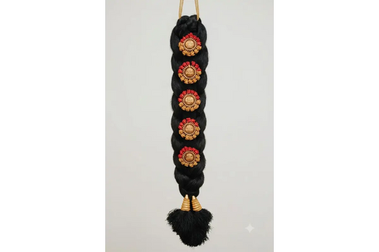Traditional gold-plated stone-studded Jadai Billa set for Amman doll hair decoration and bridal hair braid - Puja Celebrations