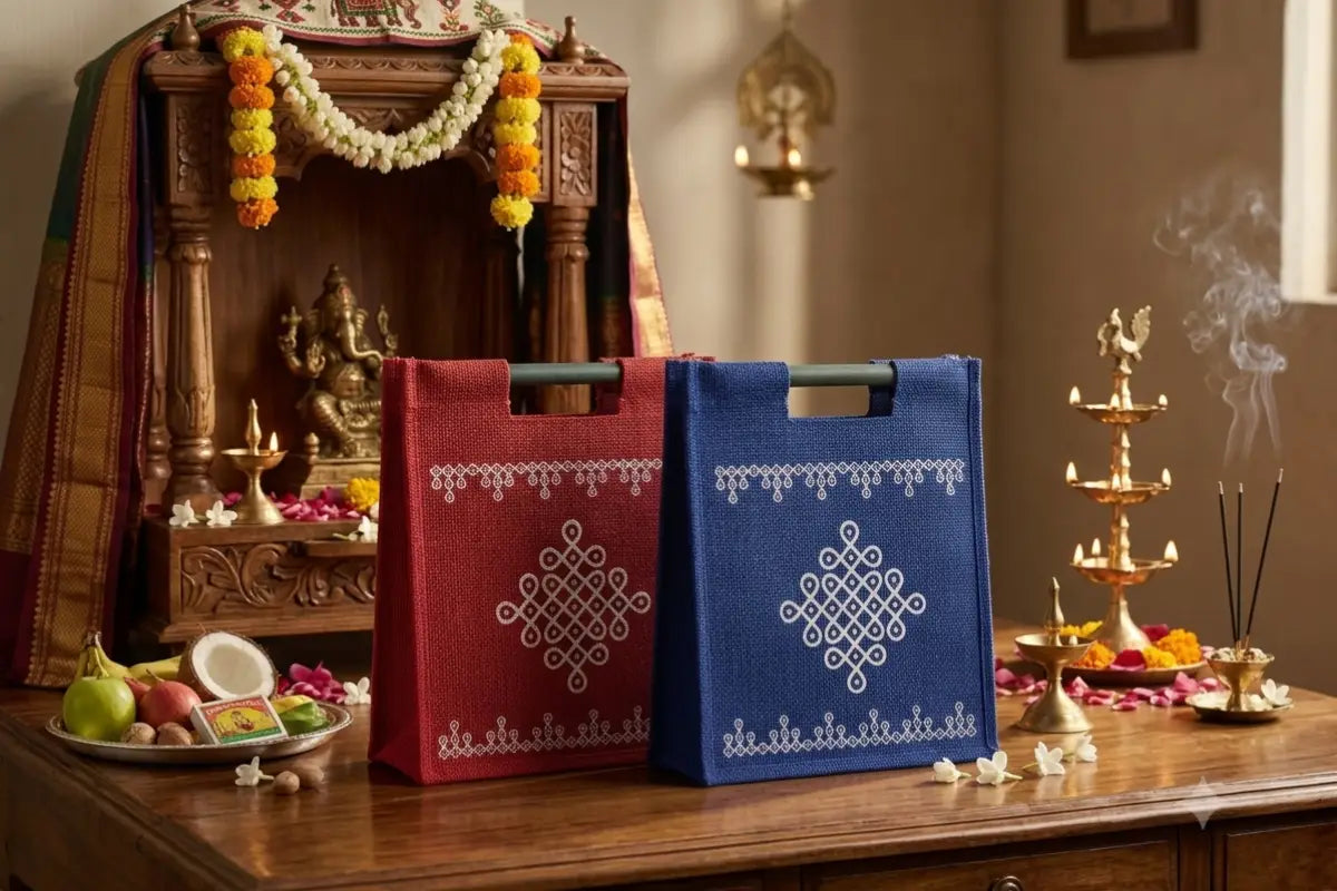 Traditional Jute Kolam Kattapai bag with white Rangoli print for wedding return gifts