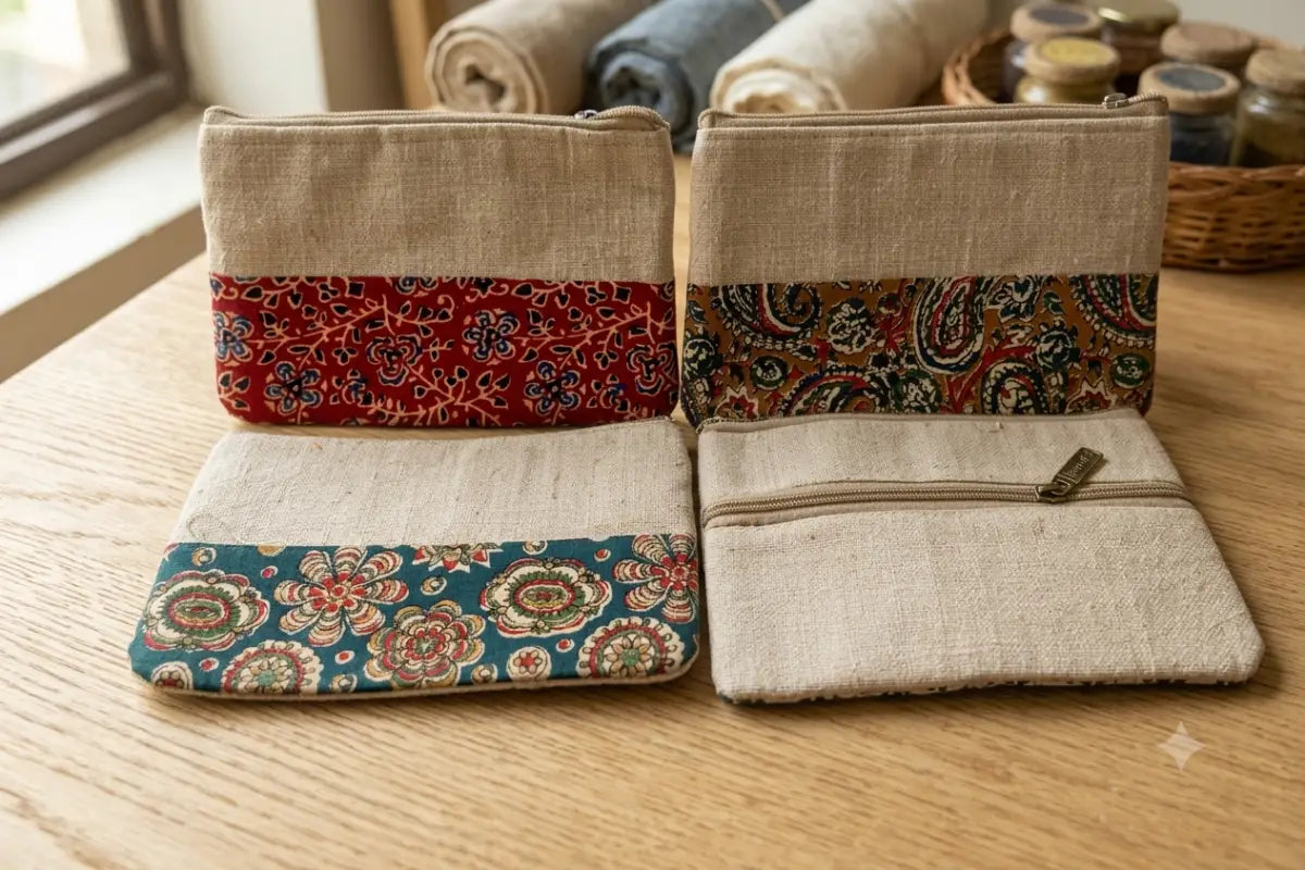 Traditional hand-block Kalamkari printed fabric purse with zipper for ethnic return gifts - Puja Celebrations