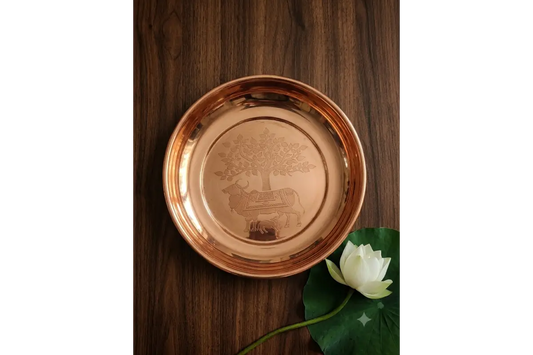 Traditional Kamadhenu cow and calf design embossed pooja plate by Puja Celebrations