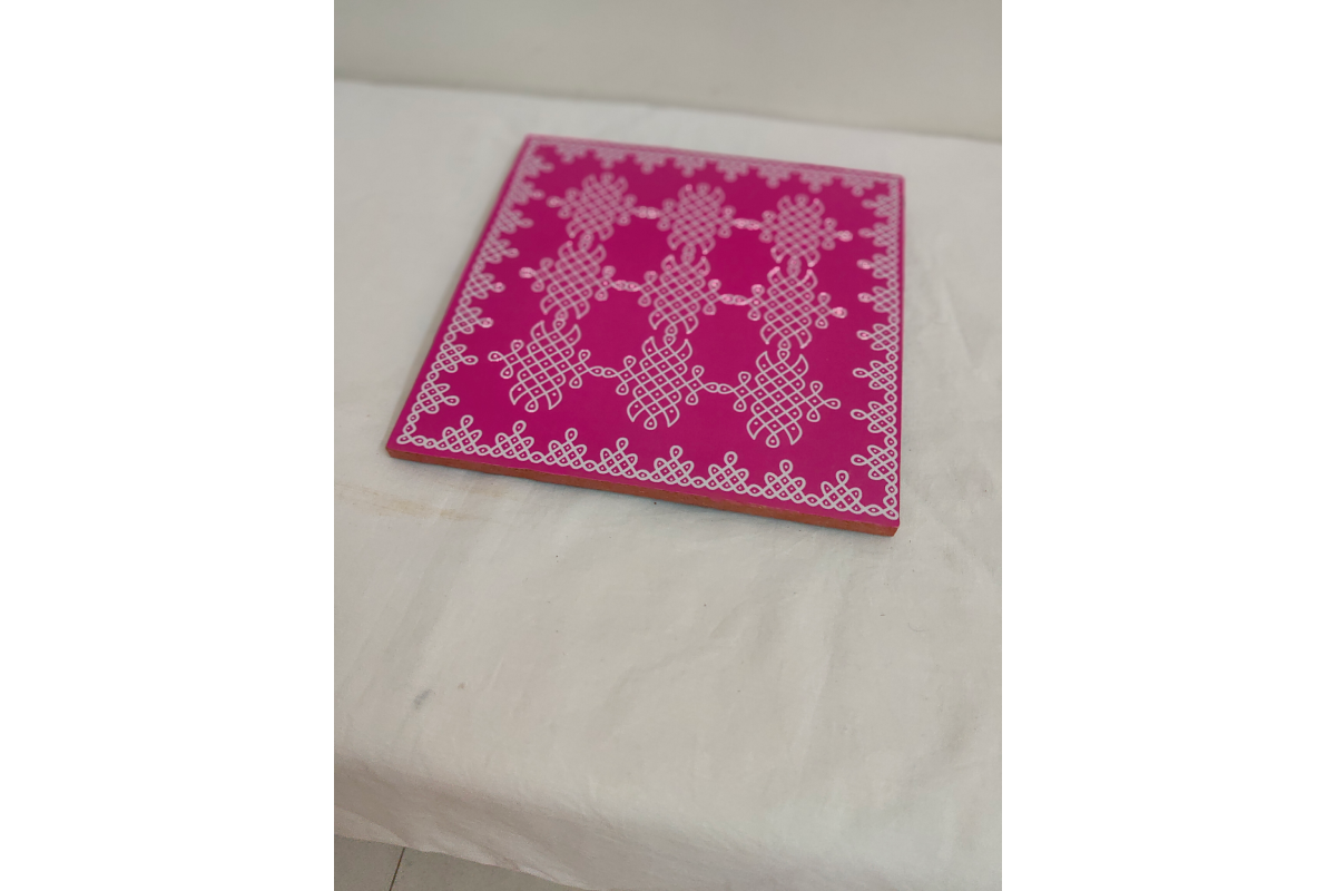 Assorted South Indian Kolam Rangoli designs on wooden manai patla chowkis available wholesale