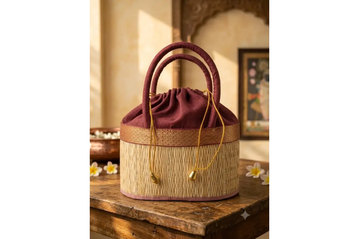 Close-up view of natural Korai grass weave texture and colored fabric border on potli bag