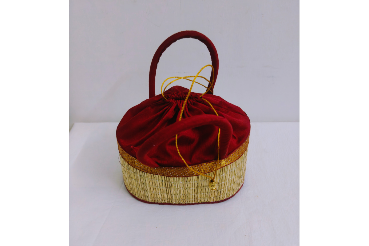 Close-up view of woven natural Korai dry grass texture and fabric drawstring trim