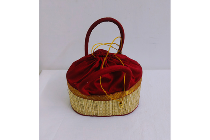 Close-up view of woven natural Korai dry grass texture and fabric drawstring trim
