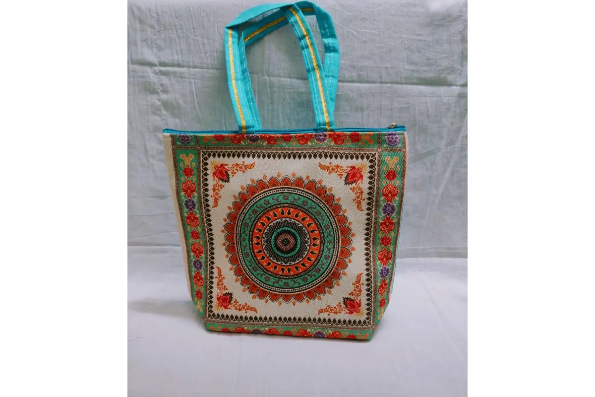 Assorted color variants of printed jute handbags available for wholesale return gift orders