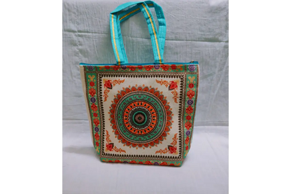 Assorted color variants of printed jute handbags available for wholesale return gift orders