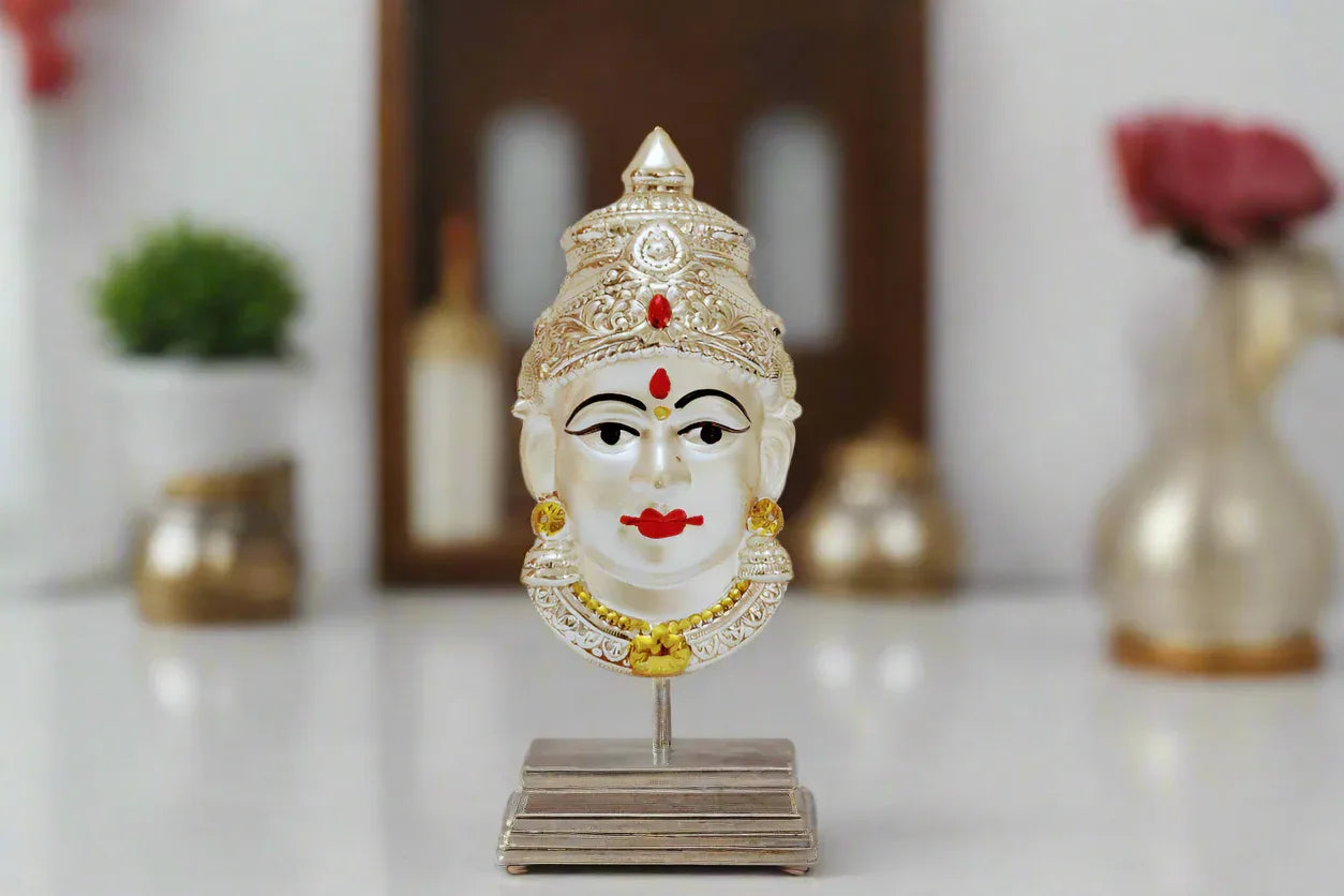 German silver Lakshmi Amman face available in 6 inch, 7 inch, and 9 inch sizes for home kalasha setups