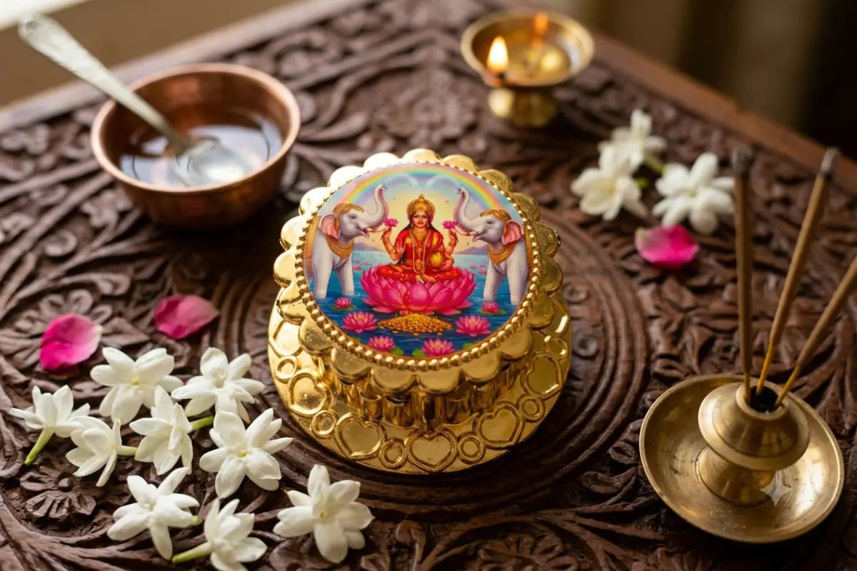 Lakshmi kumkum box paired with pure Haldi Kumkum packets for return gift distribution