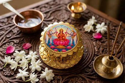 Lakshmi kumkum box paired with pure Haldi Kumkum packets for return gift distribution
