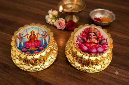 Traditional Lakshmi kumkum box with engraved Goddess Lakshmi motif for return gifts - Puja Celebrations